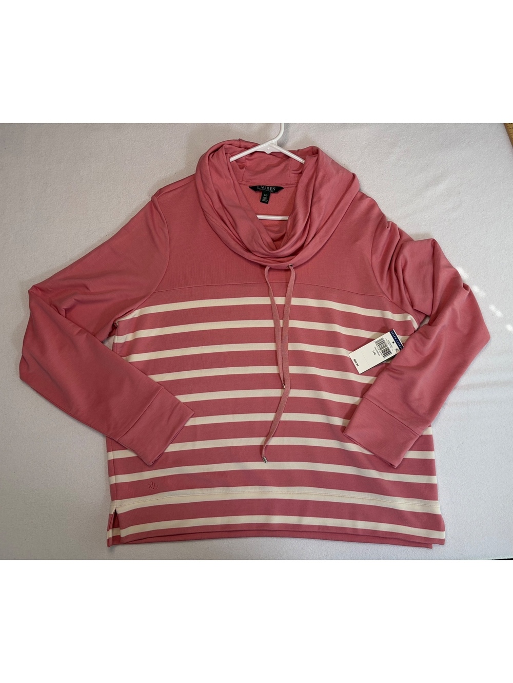 Ralph Lauren Pink and Cream Striped Cowl Neck Pullover Sweatshirt Large